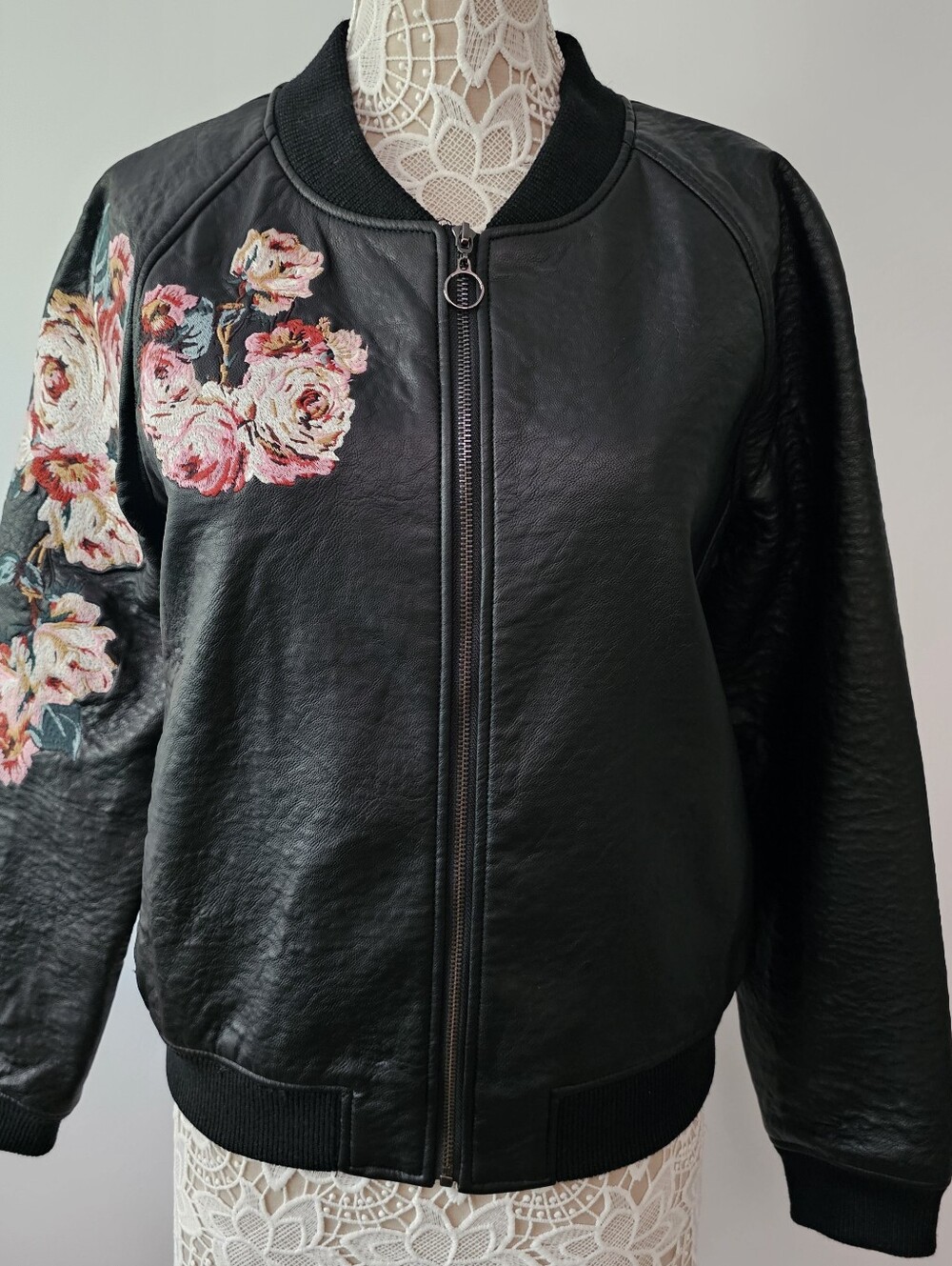 Joe's Jeans Collection | Floral Embroidered Faux Leather Bomber Jacket | Large